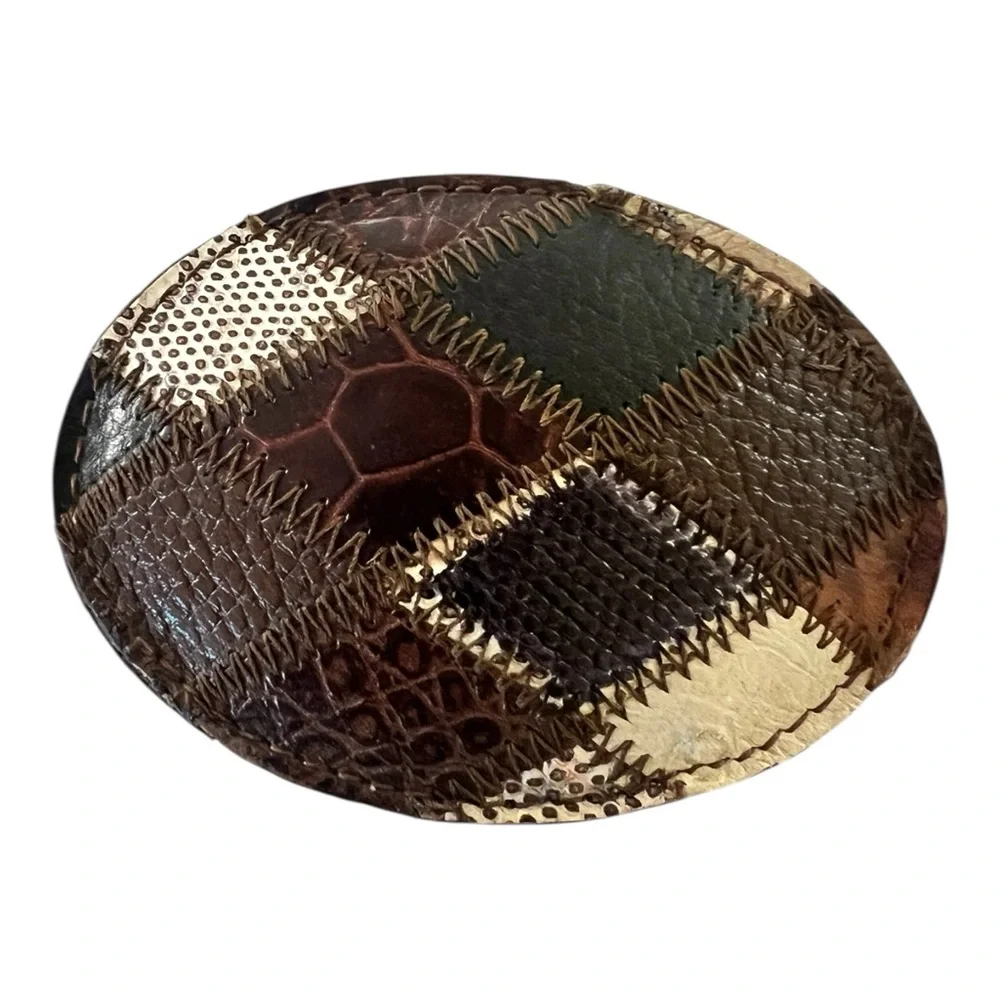 Belt buckle Patchwork leather large oval 3 “wide unisex bohemian western